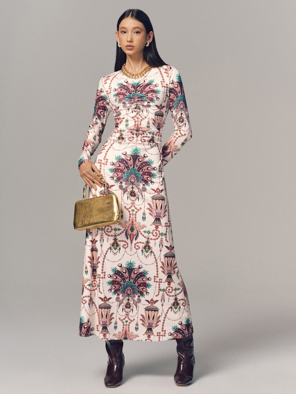COMMENSE Ruched Long  Sleeve Printed Maxi